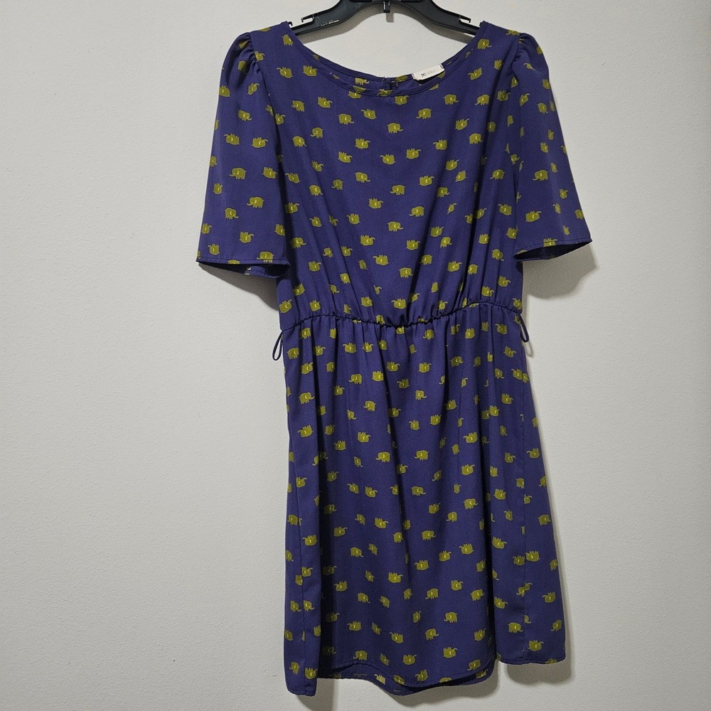 Everly Purple Elephant Print Mini Dress‎ Short Sleeve Elastic Waist Womens Large